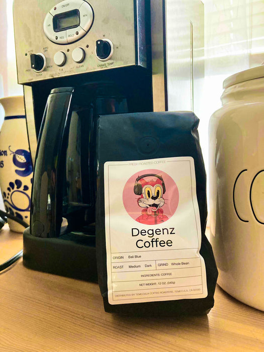 A bag of single origin Bali Blue coffee beans from Degenz Coffee